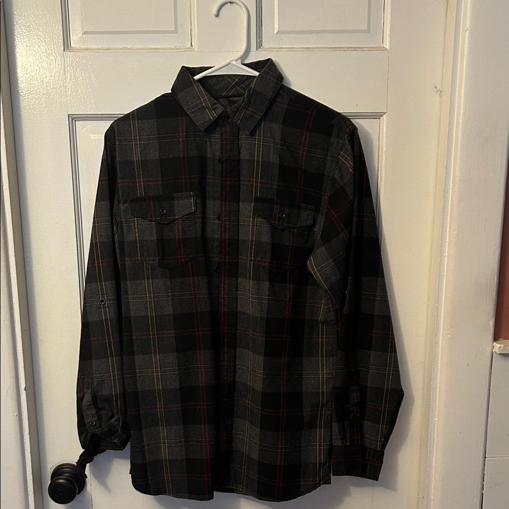 Black & Gray Plaid Flannel Shirt with subtle Pure Barre logo